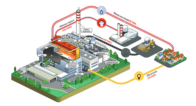 Schéma du fonctionnement global de l’unité de valorisation énergétique qui alimente un réseau d’eau chaude, un réseau de vapeur et le réseau électrique.